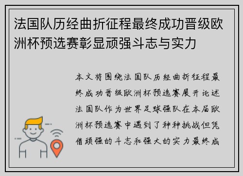法国队历经曲折征程最终成功晋级欧洲杯预选赛彰显顽强斗志与实力