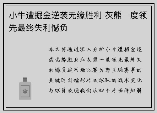 小牛遭掘金逆袭无缘胜利 灰熊一度领先最终失利憾负