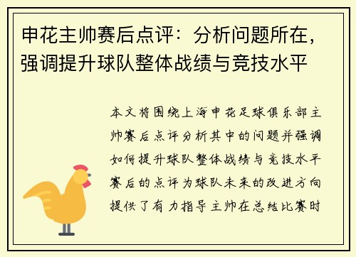 申花主帅赛后点评：分析问题所在，强调提升球队整体战绩与竞技水平