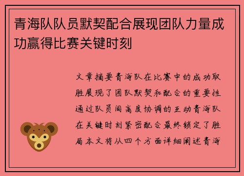 青海队队员默契配合展现团队力量成功赢得比赛关键时刻