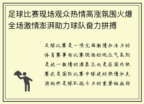 足球比赛现场观众热情高涨氛围火爆全场激情澎湃助力球队奋力拼搏